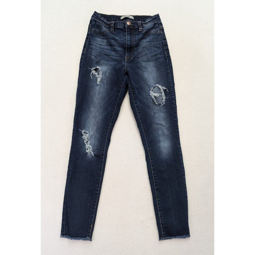 Refuge Women's Skinny Jeans Blue Dark Wash Raw Hem Distressed Size 2 Stretch
